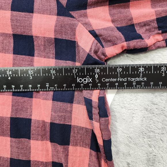 NEW Time and Tru Top Womens M Blue Pink Button Down 3/4 Puff Sleeves Peasant - Picture 7 of 9